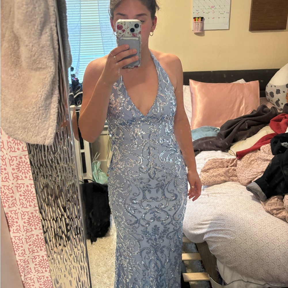 Windsor Blue Halter Prom Dress